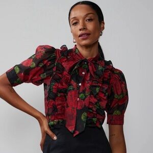 New York & Company Red and Black Floral Ruffled Blouse with self tie bow XL